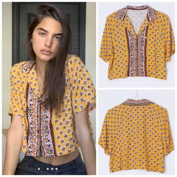 NWT UO Boho Floral Button Down Cropped Top - Picture 1 of 6